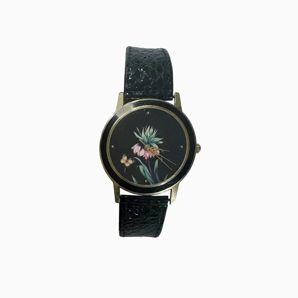 Vintage Harley's Black Lotus Watch Floral Leather Gold Tone Stylish Classic Rare